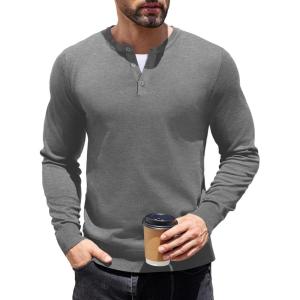 imageCOOFANDY Mens Knit Henley TShirts Dress Long Sleeve Sweater Casual Collarless Quarter Button PulloverMedium Gray