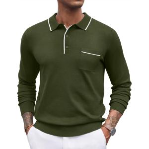imageCOOFANDY Mens Knit Polo Long Sleeve Collared Sweater Polo Business Casual Polos with PocketArmy Green