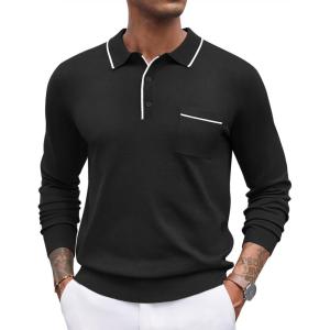 imageCOOFANDY Mens Knit Polo Long Sleeve Collared Sweater Polo Business Casual Polos with PocketBlack