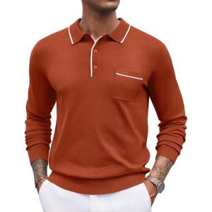 imageCOOFANDY Mens Knit Polo Long Sleeve Collared Sweater Polo Business Casual Polos with PocketBrown