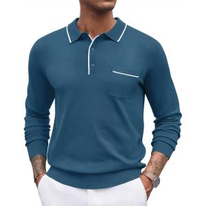 imageCOOFANDY Mens Knit Polo Long Sleeve Collared Sweater Polo Business Casual Polos with PocketDark Blue