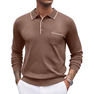 imageCOOFANDY Mens Knit Polo Long Sleeve Collared Sweater Polo Business Casual Polos with PocketDark Brown