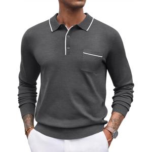 imageCOOFANDY Mens Knit Polo Long Sleeve Collared Sweater Polo Business Casual Polos with PocketDark Gray