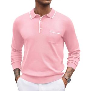 imageCOOFANDY Mens Knit Polo Long Sleeve Collared Sweater Polo Business Casual Polos with PocketDark Pink