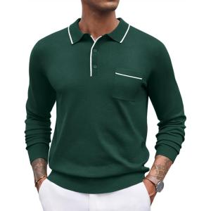 imageCOOFANDY Mens Knit Polo Long Sleeve Collared Sweater Polo Business Casual Polos with PocketGreen