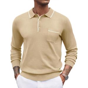 imageCOOFANDY Mens Knit Polo Long Sleeve Collared Sweater Polo Business Casual Polos with PocketKhaki
