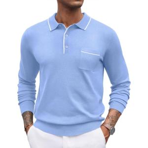imageCOOFANDY Mens Knit Polo Long Sleeve Collared Sweater Polo Business Casual Polos with PocketLight Blue