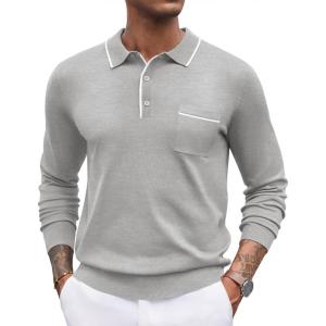 imageCOOFANDY Mens Knit Polo Long Sleeve Collared Sweater Polo Business Casual Polos with PocketLight Gray