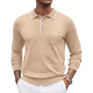 imageCOOFANDY Mens Knit Polo Long Sleeve Collared Sweater Polo Business Casual Polos with PocketLight Khaki