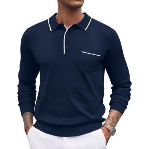 imageCOOFANDY Mens Knit Polo Long Sleeve Collared Sweater Polo Business Casual Polos with PocketNavy Blue