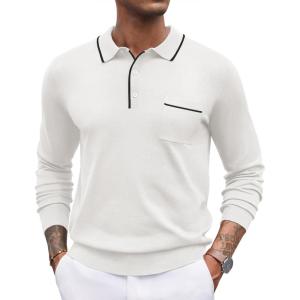 imageCOOFANDY Mens Knit Polo Long Sleeve Collared Sweater Polo Business Casual Polos with PocketWhite