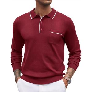 imageCOOFANDY Mens Knit Polo Long Sleeve Collared Sweater Polo Business Casual Polos with PocketWine Red