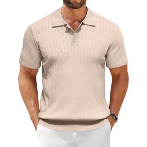 imageCOOFANDY Mens Knit Polo Shirts Short Sleeve Ribbed Knitted Shirt Summer Lightweight Casual Golf ShirtsBeige