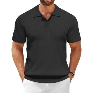 imageCOOFANDY Mens Knit Polo Shirts Short Sleeve Ribbed Knitted Shirt Summer Lightweight Casual Golf ShirtsBlack
