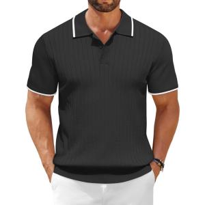 imageCOOFANDY Mens Knit Polo Shirts Short Sleeve Ribbed Knitted Shirt Summer Lightweight Casual Golf ShirtsBlackwhite