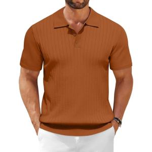 imageCOOFANDY Mens Knit Polo Shirts Short Sleeve Ribbed Knitted Shirt Summer Lightweight Casual Golf ShirtsBrown