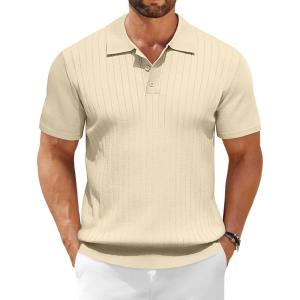 imageCOOFANDY Mens Knit Polo Shirts Short Sleeve Ribbed Knitted Shirt Summer Lightweight Casual Golf ShirtsCream