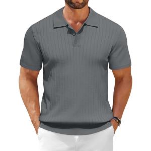 imageCOOFANDY Mens Knit Polo Shirts Short Sleeve Ribbed Knitted Shirt Summer Lightweight Casual Golf ShirtsDark Grey