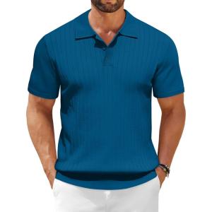 imageCOOFANDY Mens Knit Polo Shirts Short Sleeve Ribbed Knitted Shirt Summer Lightweight Casual Golf ShirtsDeep Blue