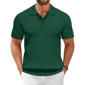 imageCOOFANDY Mens Knit Polo Shirts Short Sleeve Ribbed Knitted Shirt Summer Lightweight Casual Golf ShirtsDeep Green