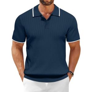 imageCOOFANDY Mens Knit Polo Shirts Short Sleeve Ribbed Knitted Shirt Summer Lightweight Casual Golf ShirtsNavy Bluewhite
