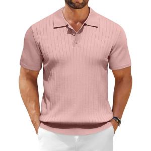 imageCOOFANDY Mens Knit Polo Shirts Short Sleeve Ribbed Knitted Shirt Summer Lightweight Casual Golf ShirtsPink