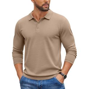 imageCOOFANDY Mens Knit Polo Sweater Long Sleeve Casual Golf Polo Lightweight Dress Button Collar Pullover SweatersKhaki