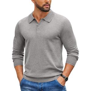imageCOOFANDY Mens Knit Polo Sweater Long Sleeve Casual Golf Polo Lightweight Dress Button Collar Pullover SweatersLight Grey