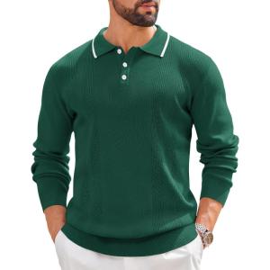 imageCOOFANDY Mens Knit Polo Sweaters Long Sleeve Vintage Polos Casual Dress Pullover Old Money TopsDark Green