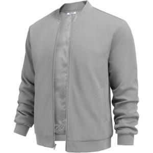 imageCOOFANDY Mens Lightweight Bomber Jacket Casual Stylish Fall Jackets Full Zip Knit Jackets Varsity Textured CoatLight Grey