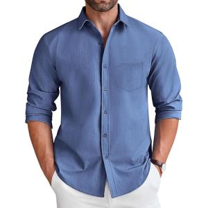 imageCOOFANDY Mens Long Sleeve Button Down Shirt Wrinkle Free Untucked Dress Shirt Casual Denim ShirtDeep Blue