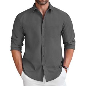 imageCOOFANDY Mens Long Sleeve Button Down Shirt Wrinkle Free Untucked Dress Shirt Casual Denim ShirtGrey