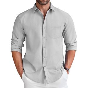 imageCOOFANDY Mens Long Sleeve Button Down Shirt Wrinkle Free Untucked Dress Shirt Casual Denim ShirtLight Grey