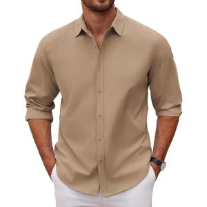imageCOOFANDY Mens Long Sleeve Button Down Shirts Casual Untucked Dress Shirt Beach Wedding ShirtsKhaki