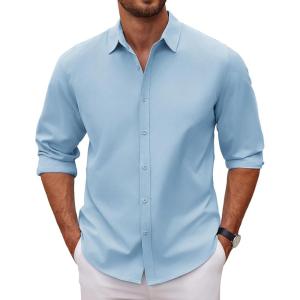 imageCOOFANDY Mens Long Sleeve Button Down Shirts Casual Untucked Dress Shirt Beach Wedding ShirtsLight Blue