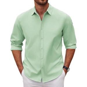 imageCOOFANDY Mens Long Sleeve Button Down Shirts Casual Untucked Dress Shirt Beach Wedding ShirtsLight Green