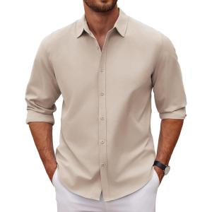 imageCOOFANDY Mens Long Sleeve Button Down Shirts Casual Untucked Dress Shirt Beach Wedding ShirtsLight Khaki