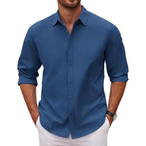 imageCOOFANDY Mens Long Sleeve Button Down Shirts Casual Untucked Dress Shirt Beach Wedding ShirtsNavy