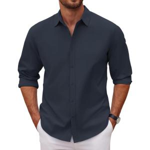 imageCOOFANDY Mens Long Sleeve Button Down Shirts Casual Untucked Dress Shirt Beach Wedding ShirtsNavy Blue