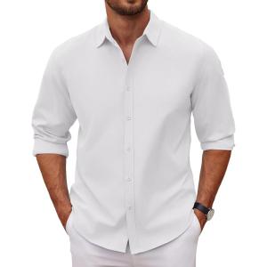 imageCOOFANDY Mens Long Sleeve Button Down Shirts Casual Untucked Dress Shirt Beach Wedding ShirtsWhite