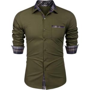 imageCOOFANDY Mens Long Sleeve Dress Shirt Plaid Collar Casual Button Down ShirtsArmy Green