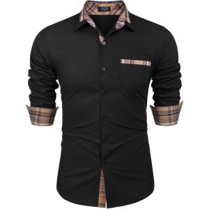 imageCOOFANDY Mens Long Sleeve Dress Shirt Plaid Collar Casual Button Down ShirtsBlack