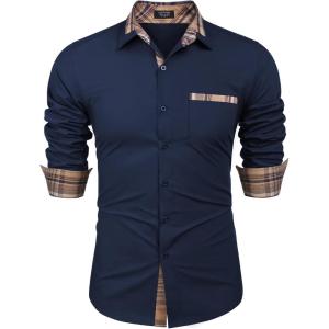 imageCOOFANDY Mens Long Sleeve Dress Shirt Plaid Collar Casual Button Down ShirtsBlue