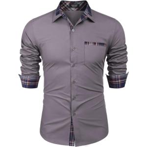 imageCOOFANDY Mens Long Sleeve Dress Shirt Plaid Collar Casual Button Down ShirtsGrey