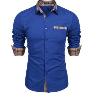 imageCOOFANDY Mens Long Sleeve Dress Shirt Plaid Collar Casual Button Down ShirtsNavy Blue