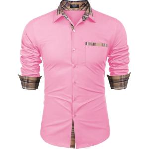imageCOOFANDY Mens Long Sleeve Dress Shirt Plaid Collar Casual Button Down ShirtsPink