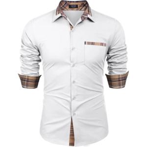 imageCOOFANDY Mens Long Sleeve Dress Shirt Plaid Collar Casual Button Down ShirtsWhite