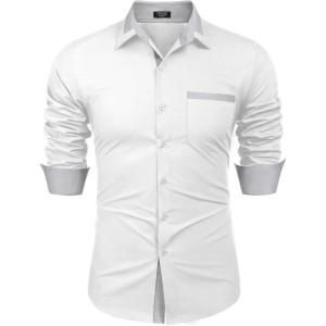 imageCOOFANDY Mens Long Sleeve Dress Shirt Plaid Collar Casual Button Down ShirtsWhiteGrey
