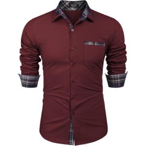 imageCOOFANDY Mens Long Sleeve Dress Shirt Plaid Collar Casual Button Down ShirtsWine Red