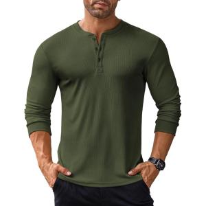 imageCOOFANDY Mens Long Sleeve Henley Shirts Stretch Ribbed TShirts Fashion Casual Basic TopsArmy Green